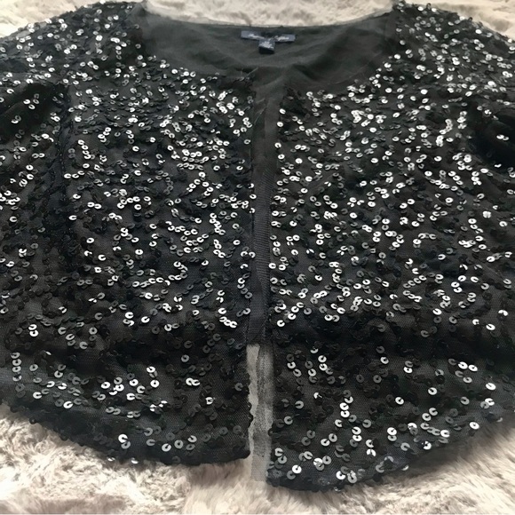American Eagle glamrock sequins gauze shrug bolero jacket black longer in front - Picture 2 of 8